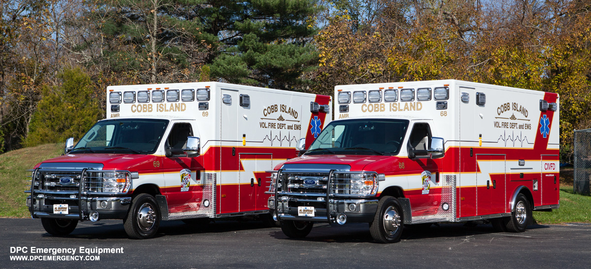 Featured image for “Cobb Island Volunteer Fire Department & EMS Charles County, MD – (2) 2014 Ford E-450 / PL Custom Medallion Type III Ambulances”